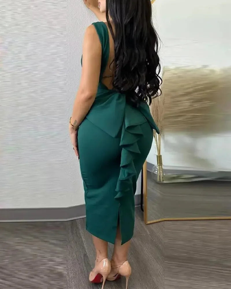 Sexy Plunging V-neck Backless Bowknot Ruffles Bodycon Midi Dresses for Women Party Night Elegant Club Celebrity Prom Dress