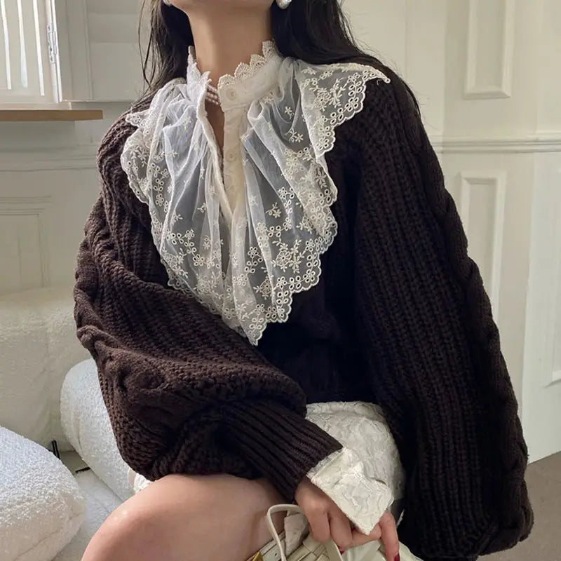 Chic Fried Dough Twists Pattern Pullover Loose Lantern Sleeve Knit Sweater