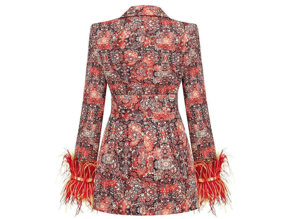 High-end Women's Blazer Dress Cuffs Adorned with Feather Print Dress