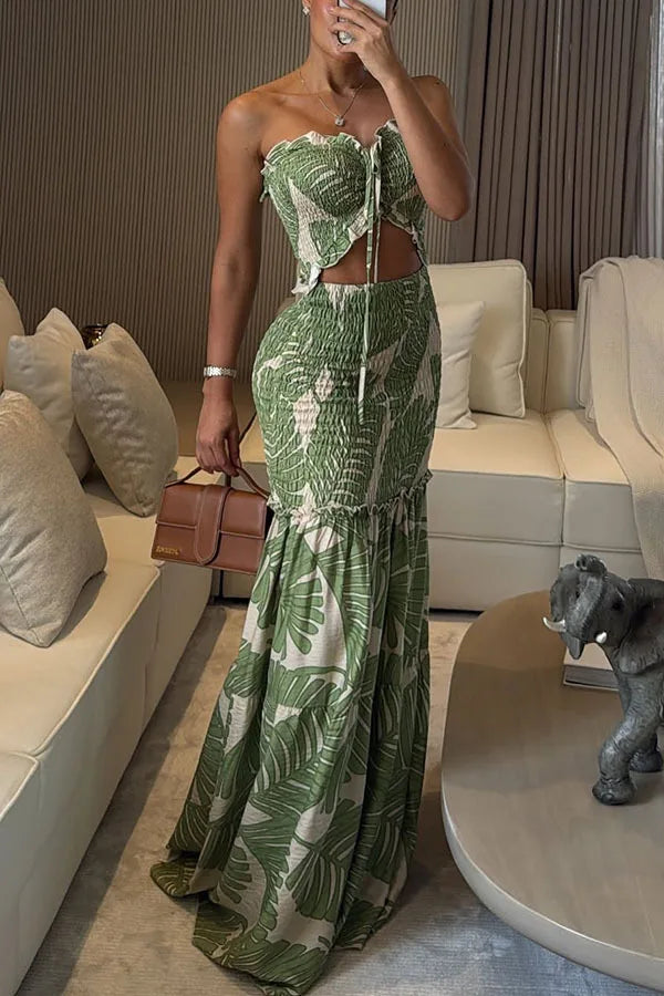 High Waist Hollow Dress Women Lace-Off Printed Sling Long Floor Maxi Dress