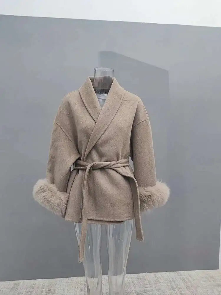 Women Overcoats Fur Patchwork Long Sleeve Woolen Coat