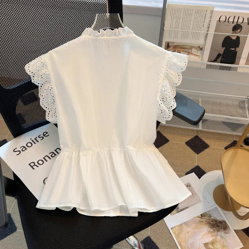 Flying Sleeve White Shirts Vintage Sleeveless Ruffled Lace Blouse for Woman