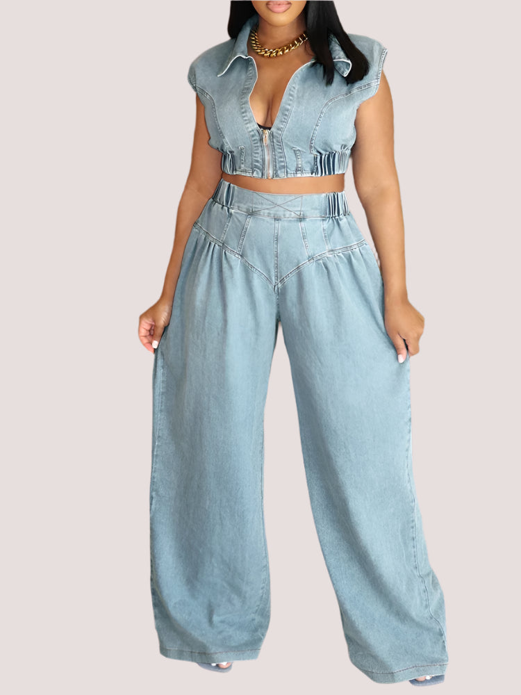 Elegant Denim Women Sleeveless Zipper Crop Top and Wide Leg Pants Two Piece Set