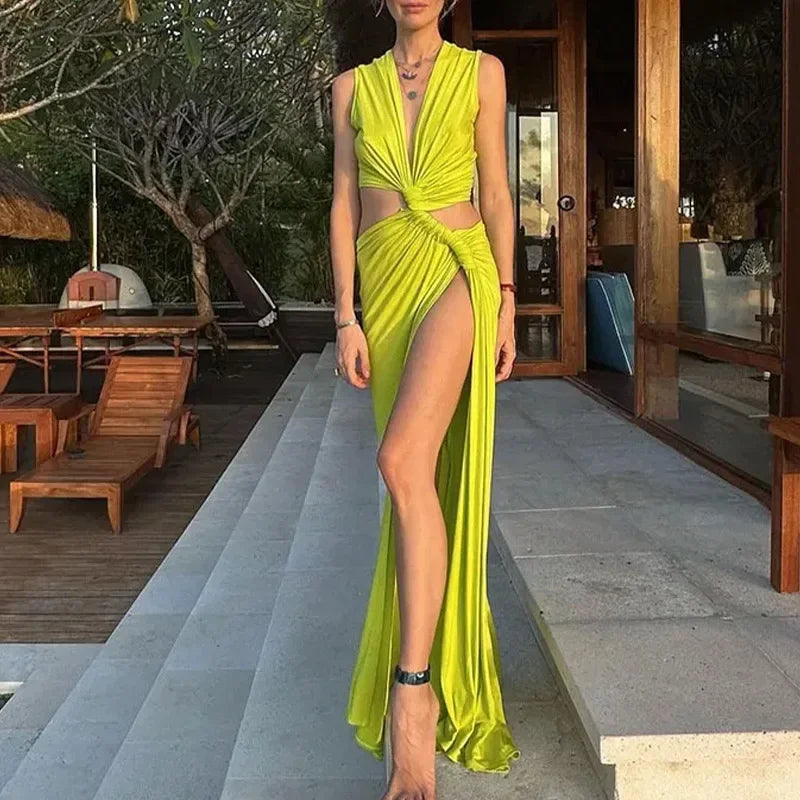 Party Maxi Dress Hollow Out Sexy Slit Evening Dresses for Woman V-neck Off-the-shoulder Sleeveless Formal Prom Gown