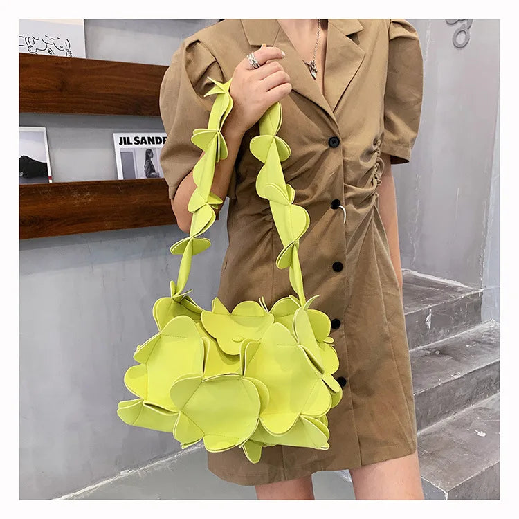 3D Flower PU Leather Armpit Purse Shoulder Bags Women Solid Color Fabric Crossbody Bag