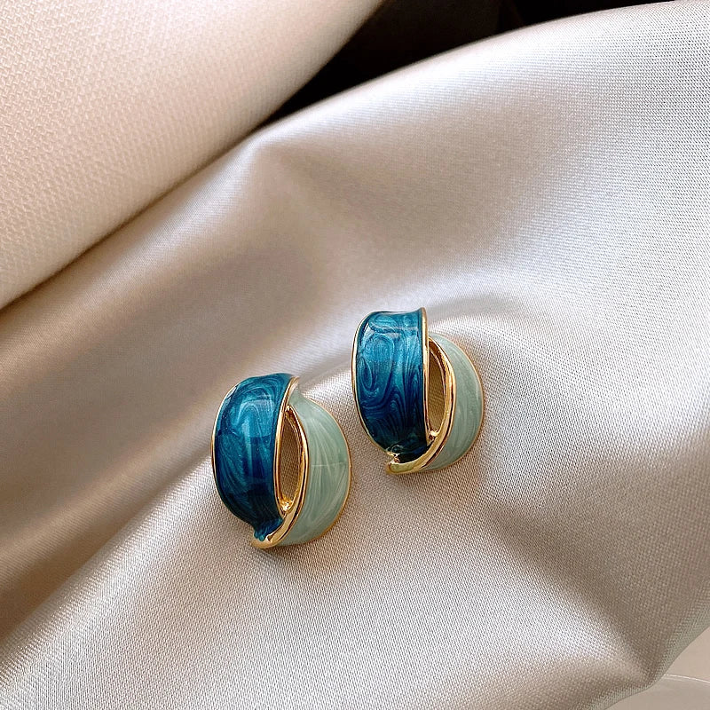 Double Arc Cross Enamel Stud Earring for Women Contrast Color Blue Geometric Earring