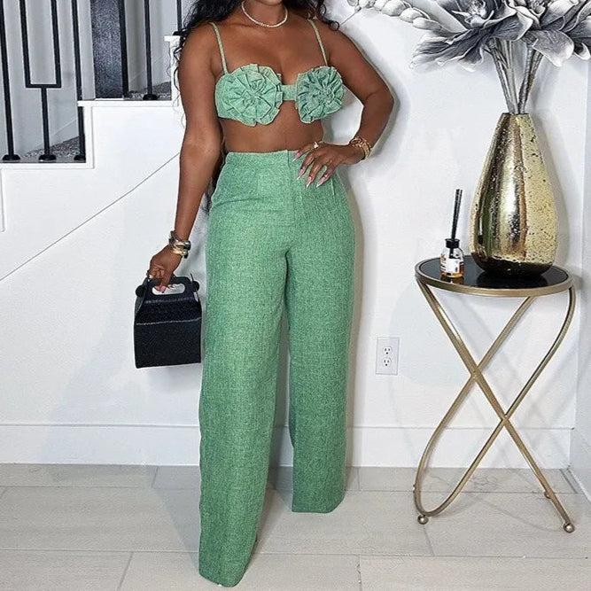 Elegant 2 Piece Sets Women Sexy 3D Flower Crop Camisole and Straight Leg Pants Set