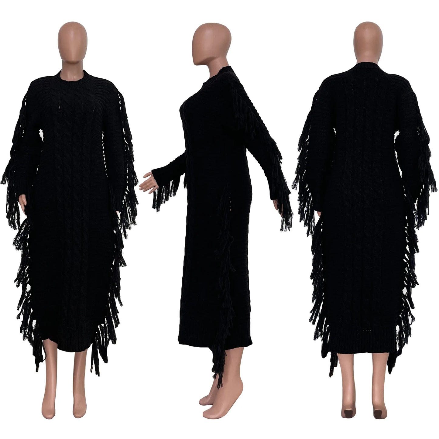 Women Long Sleeve Tassel Bodycon Midi Knit Dress O-neck Sweater Dress