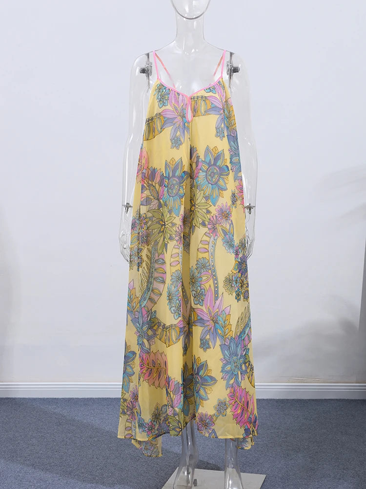 Print Floral Women's Dress Halter V-neck Sleeveless Hollow out Straight Vacation Dress