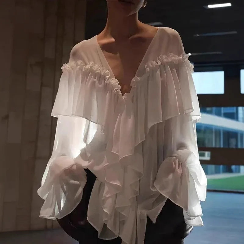 White Chiffon Shirt Women's V-Neck Sexy See Through Shirt Beach Ruffle Blouse