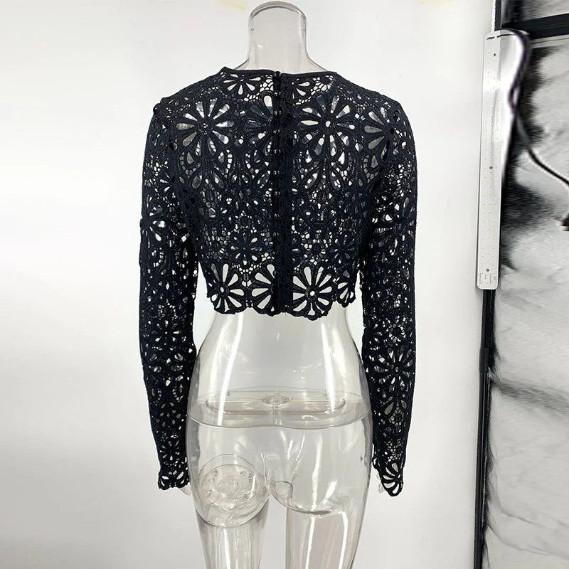 Summer Vacation See Through Crochet Top Women Set Hallow Out Flare Long Sleeve Skirts Set