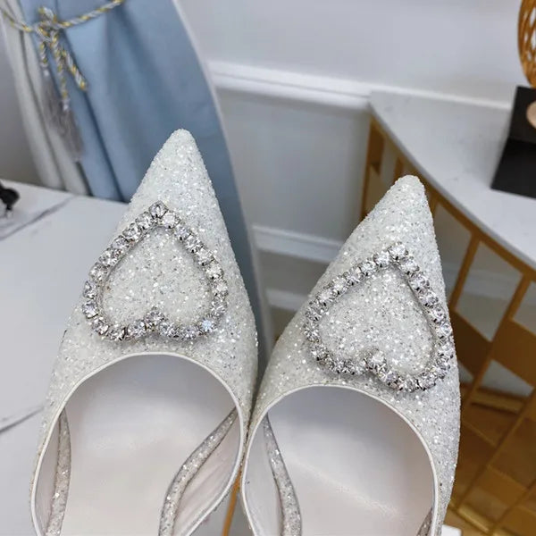 Shallow Mouth High-heeled Women's Shoes Love Rhinestone Shining Thin Heel Pump Slippers