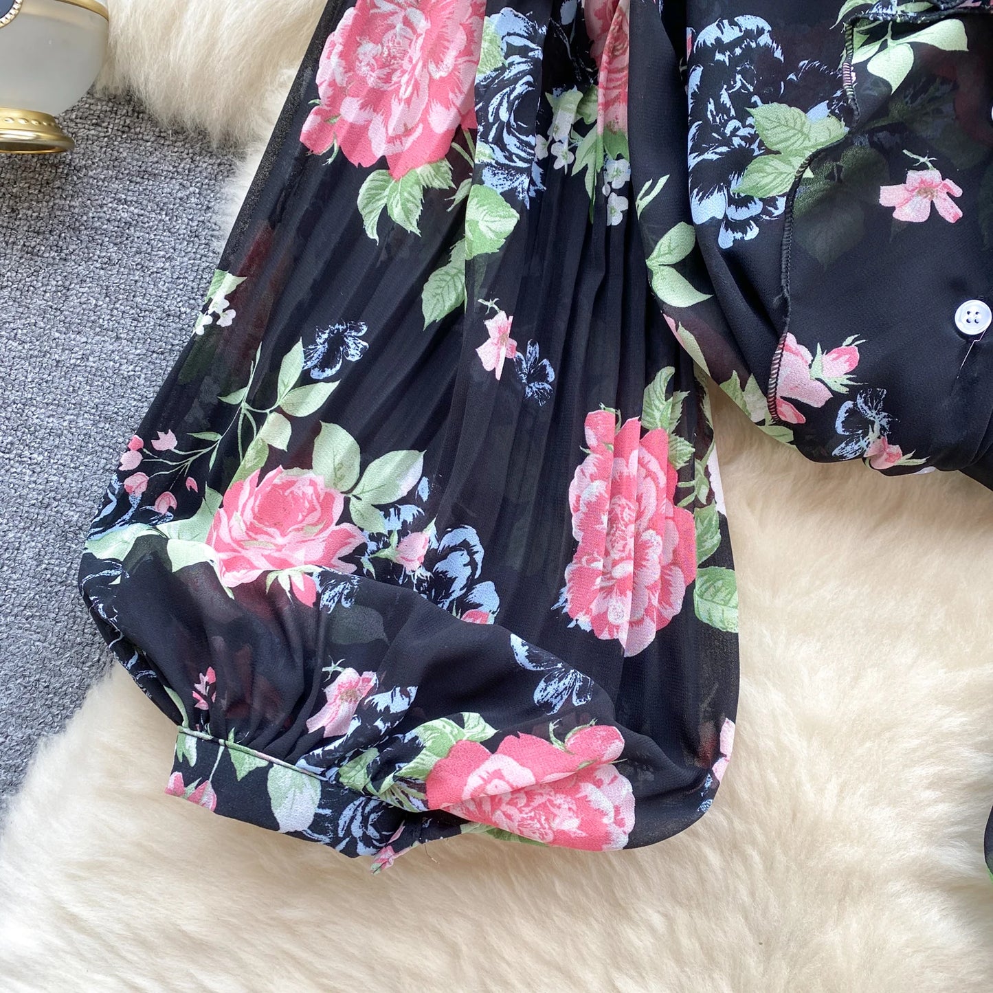 Floral Print Loose Shirt Women Lantern Sleeve V Neck Thin Causal Ruffle Blouse