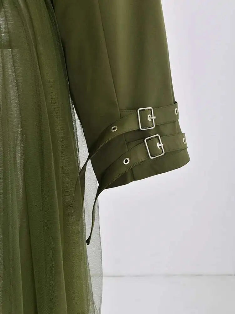 Vintage Gauze Patchwork Windbreaker Women Lapel Double Belt Gathered Trench Coat