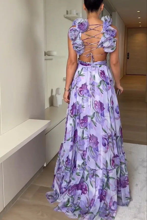 Women Chiffon Ruffle Edge Printing Maxi Dress V Neck Pleated High Waist Ankle Length Dress