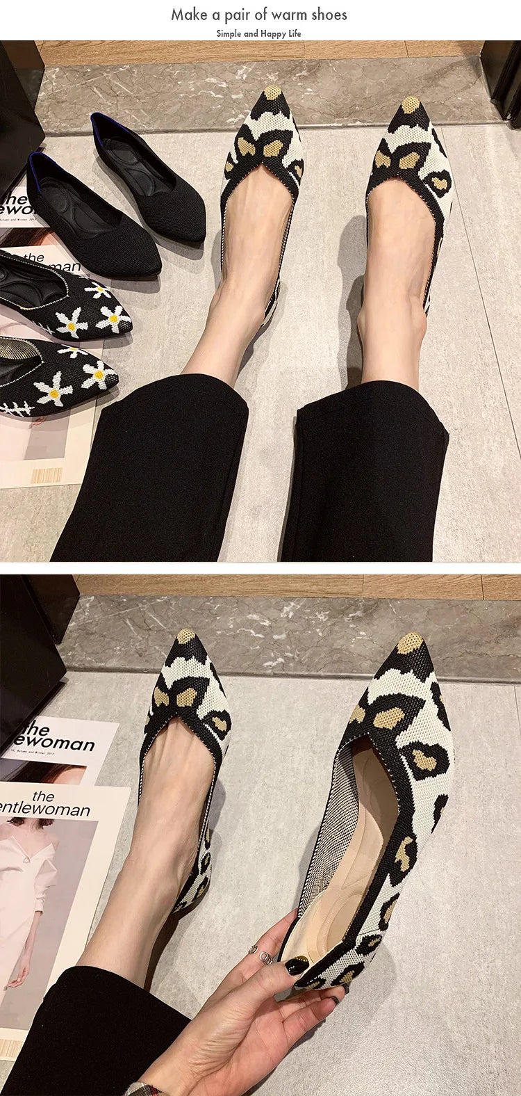 Women's leisure flat shoes pointed knitting elastic comfortable shoes