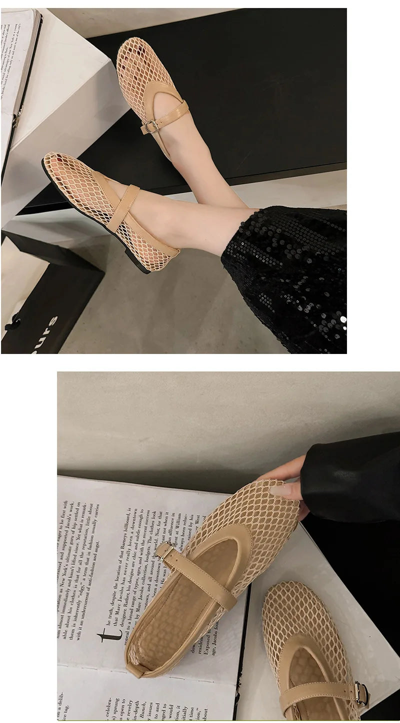 Breathable Mesh Black Ballet Shoes Daily Walking Street Sandals