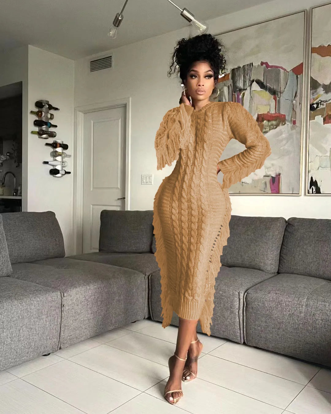 Women Long Sleeve Tassel Bodycon Midi Knit Dress O-neck Sweater Dress