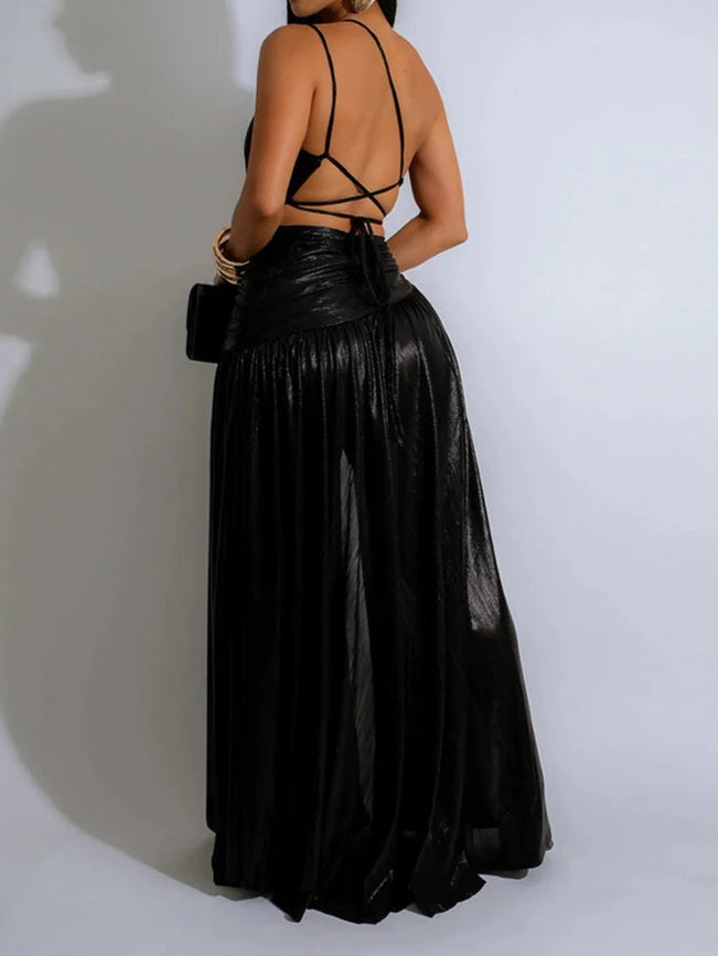 Cocktail Split Dress Women Sexy Metallic Golden Sleeveless Backless Evening Dress