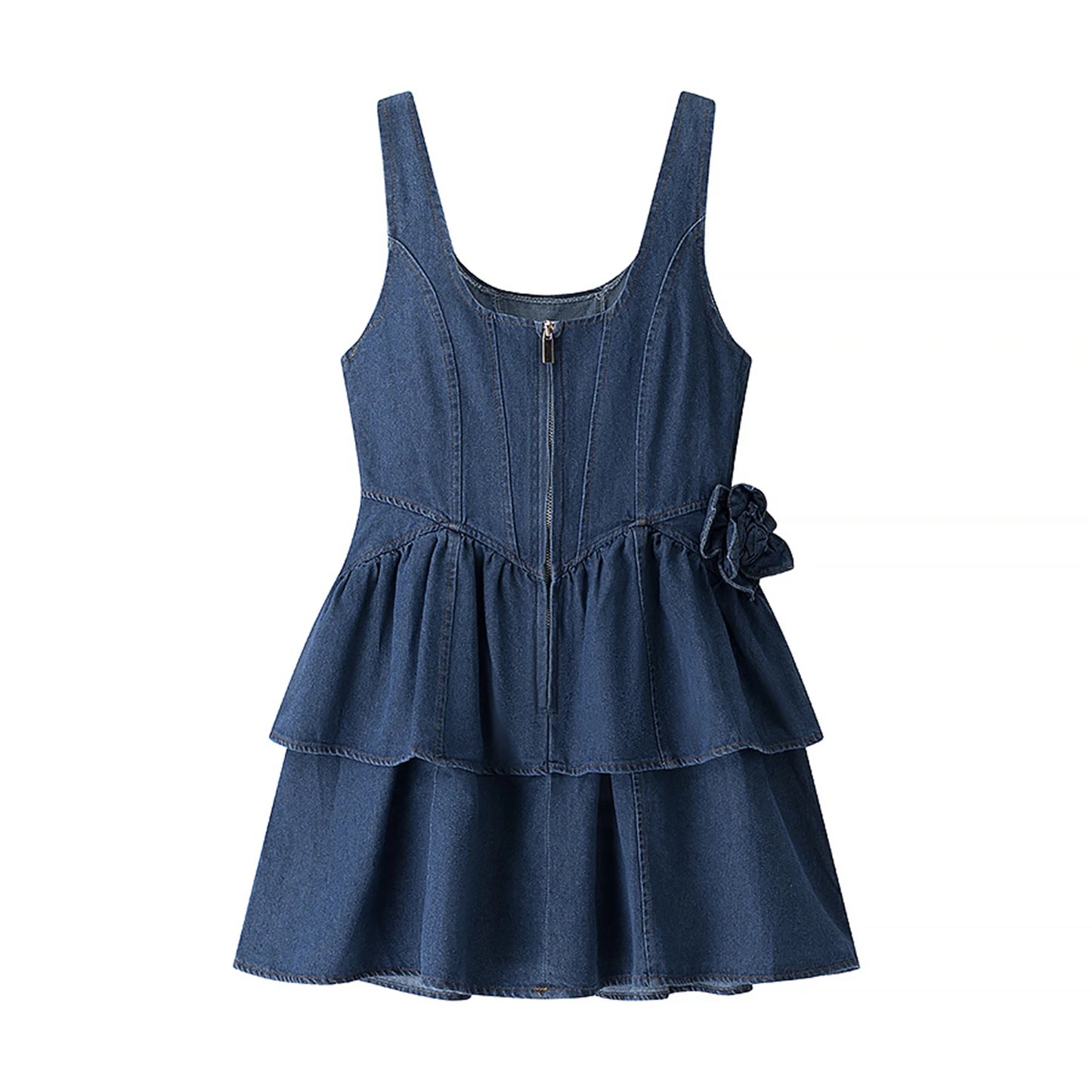3D Flower Double Layer Denim Mini Dress Waist Sinching Mini Dress