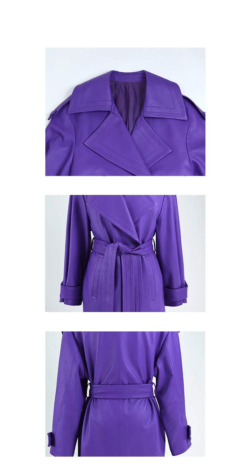 Elegant Purple Colored Faux Leather Trench Coat for Women Sashes Runway Coat