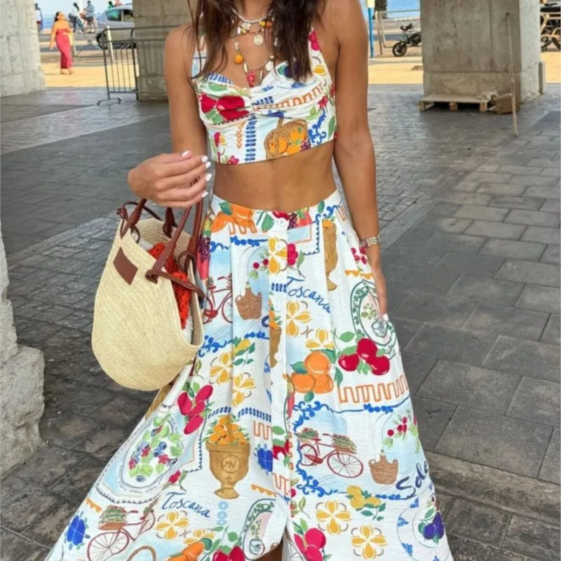 Colorful Printed Suspenders Skirt Set Women Patchwork Quilted High Waist Skirt Two Piece Summer