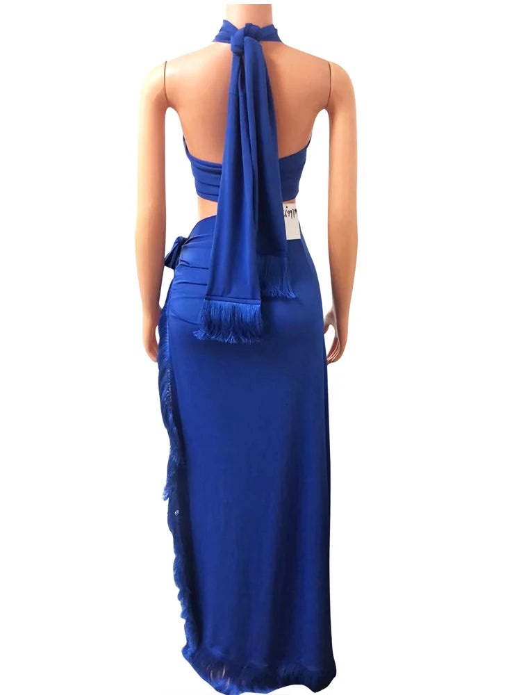 Chic Halter Neck Crop Top And High Slit Resort Wrap Skirt Set Two-Piece Outfits Resort Cover-Up Set