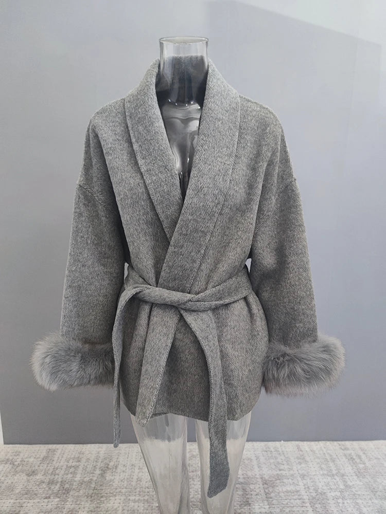 Women Overcoats Fur Patchwork Long Sleeve Woolen Coat