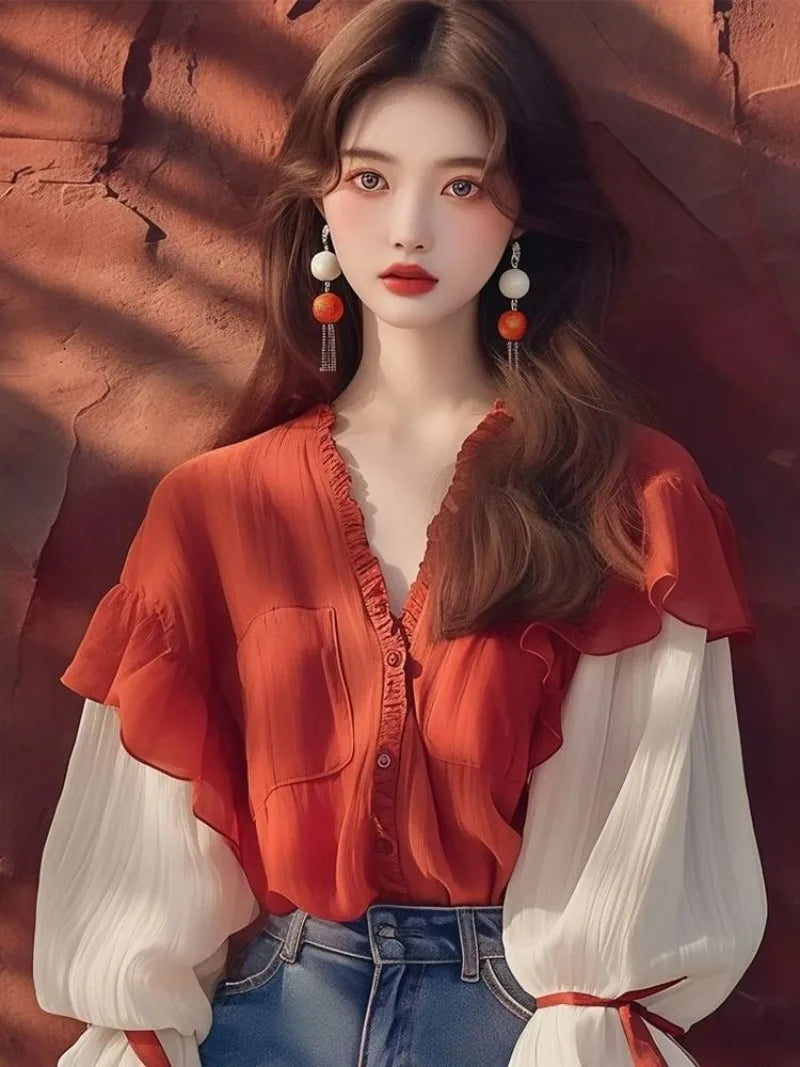 Chiffon Vintage Women's Shirts Patchwork Women Shirts Loose Long Sleeves Blouse