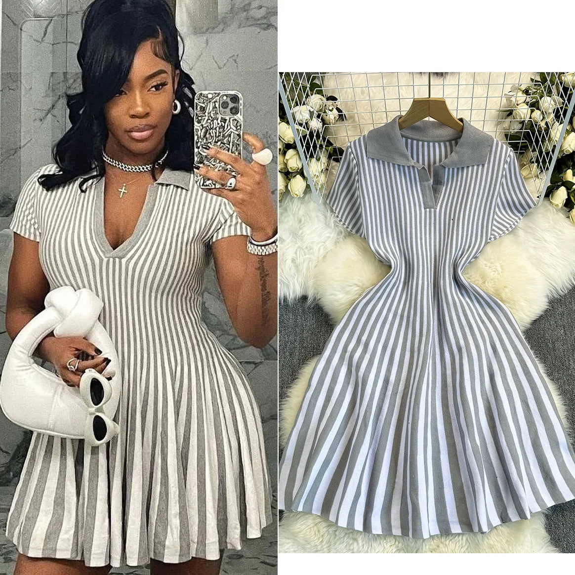 Sweater Striped Dress Knit Dresses Ruffles Party Casual Elegant Knitted Y2k Streetwear