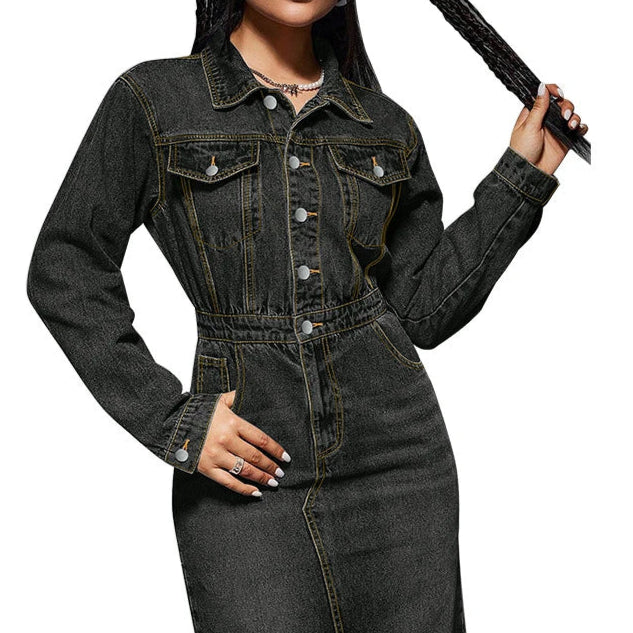 Streetwear Denim Dress Spring Clothes Women Turn Down Collar Up Jean Dresses Cowboy Dress