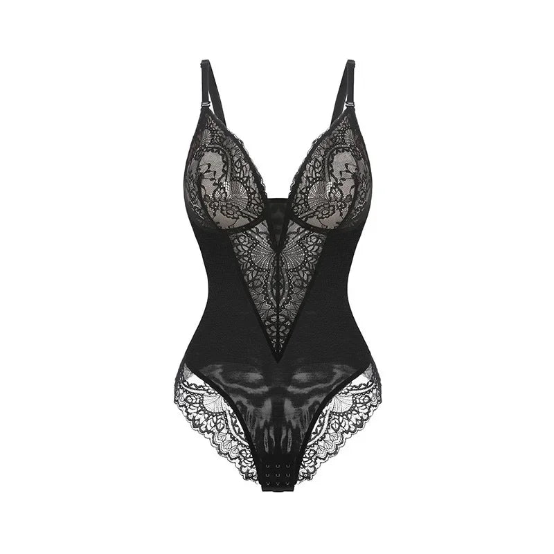 Sexy Deep V-Neck Lace Slimming Body Shaper Plus Size Tummy Control Push Up Bodysuit