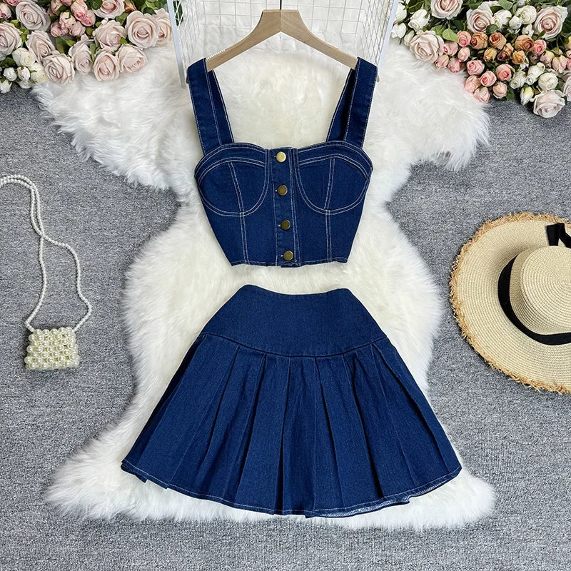 Denim Skirt Stets Two Pieces Sleeveless Tanks Top and Pleated Mini Skirt