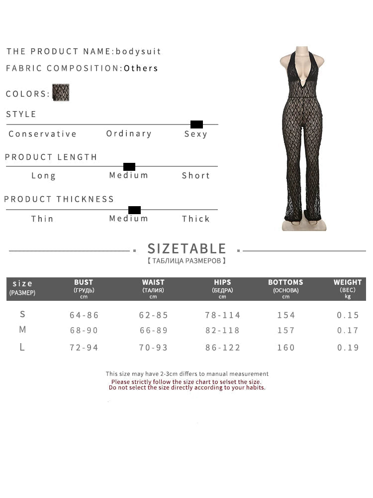 Sexy Mesh Halter Jumpsuit Women Backless Skinny Low-Neck Midnight Birthday Party Clubwear Activity Workout Overalls