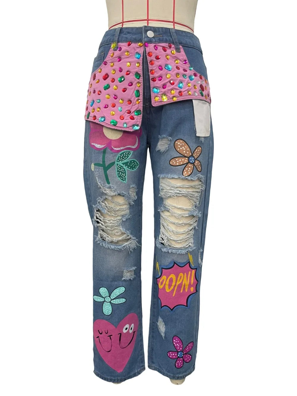 Diamond Splicing Loose Jeans Women High Waist Button Pocket Denim Trousers Casual Female Streetwear