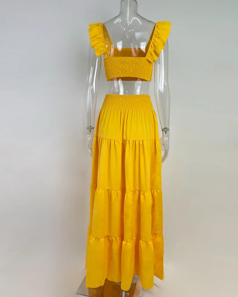 Y2k Two Piece Set Elegant Sexy Collage Sleeveless Top and Maxi Skirt Set