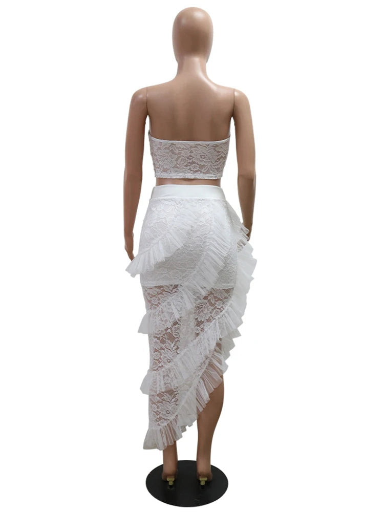 Two 2 Piece Sets for Women White Lace See Through Sleeveless Strapless Top and Ruffles Long Skirt Set