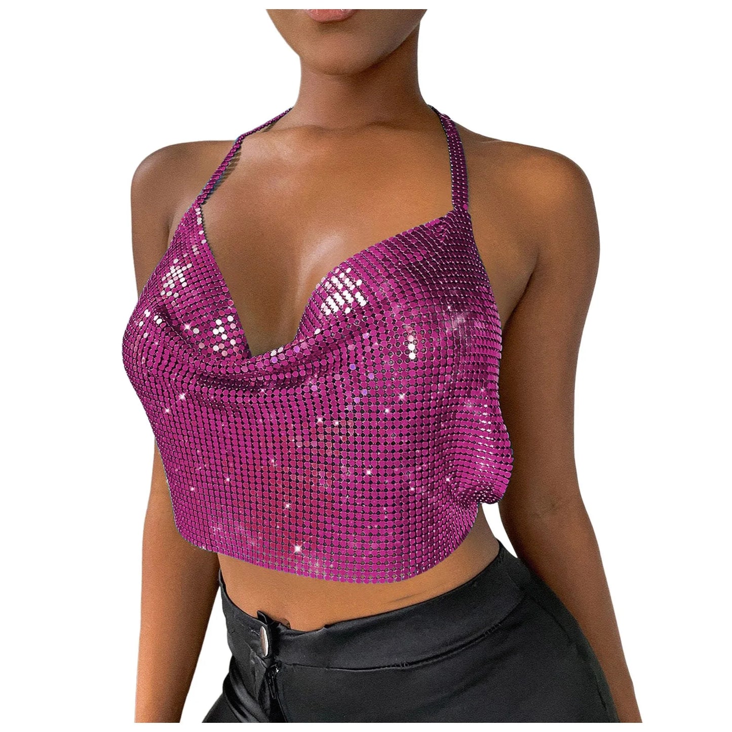Sexy Sequins Metal Crop Tops Women Suspenders Halter Backless Night Club Tank Top
