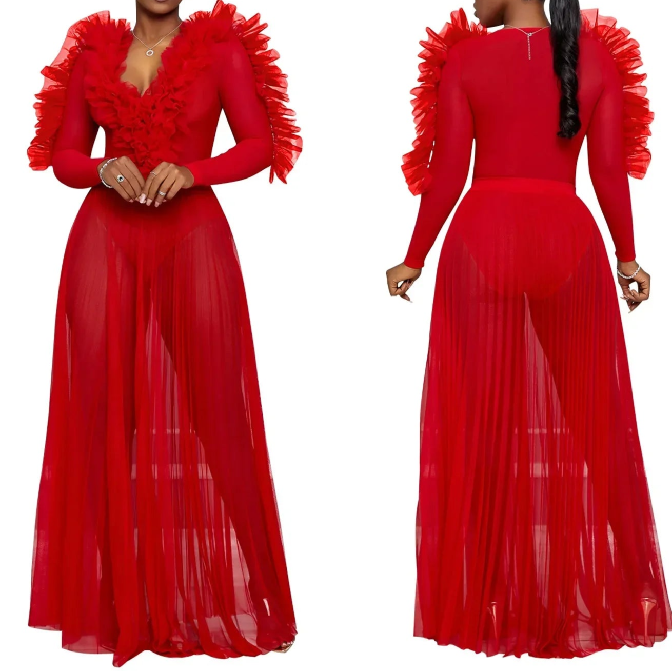 Women Selvedge Ruffles Full Sleeve V-neck Long Maxi Dress Birthday Mesh See Through Party Evening Dress