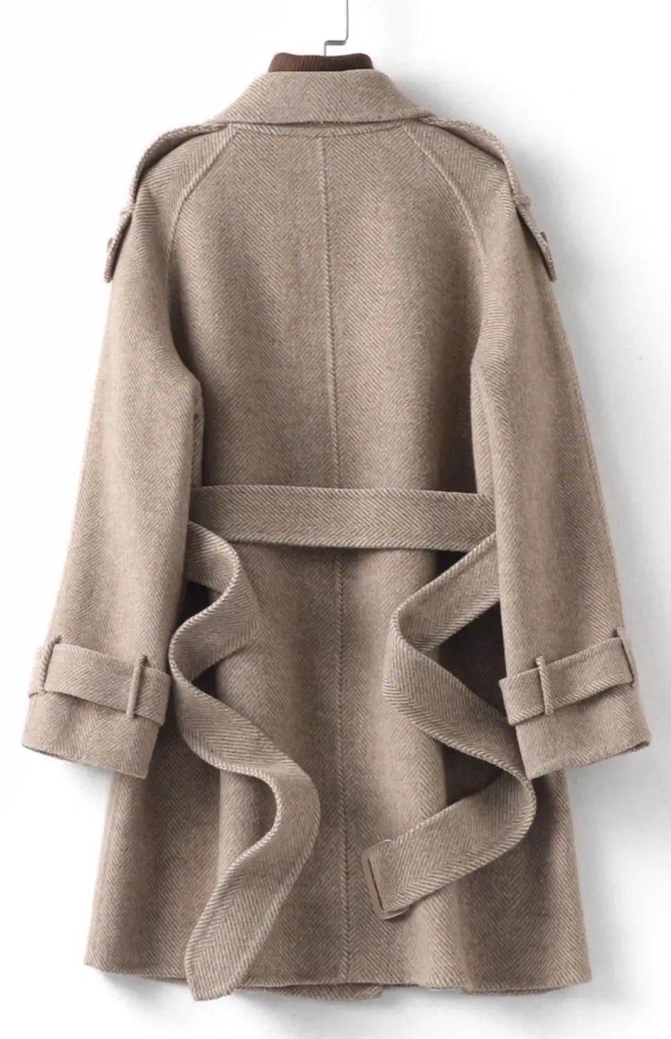 Woolen Coat New British style POLO collar Lace up Double breasted Coat