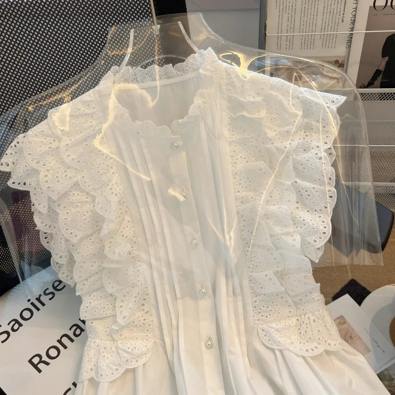 Flying Sleeve White Shirts Vintage Sleeveless Ruffled Lace Blouse for Woman
