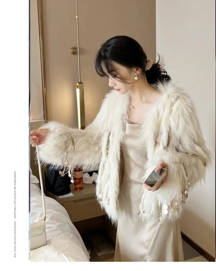 Faux Fur Grass Sequined Tassels Coat Women's Short Beaded Fringed Bomber Jacket