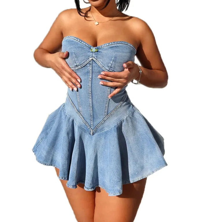 Women Stretch Denim Washed Wrap Backless Ruffle Dress