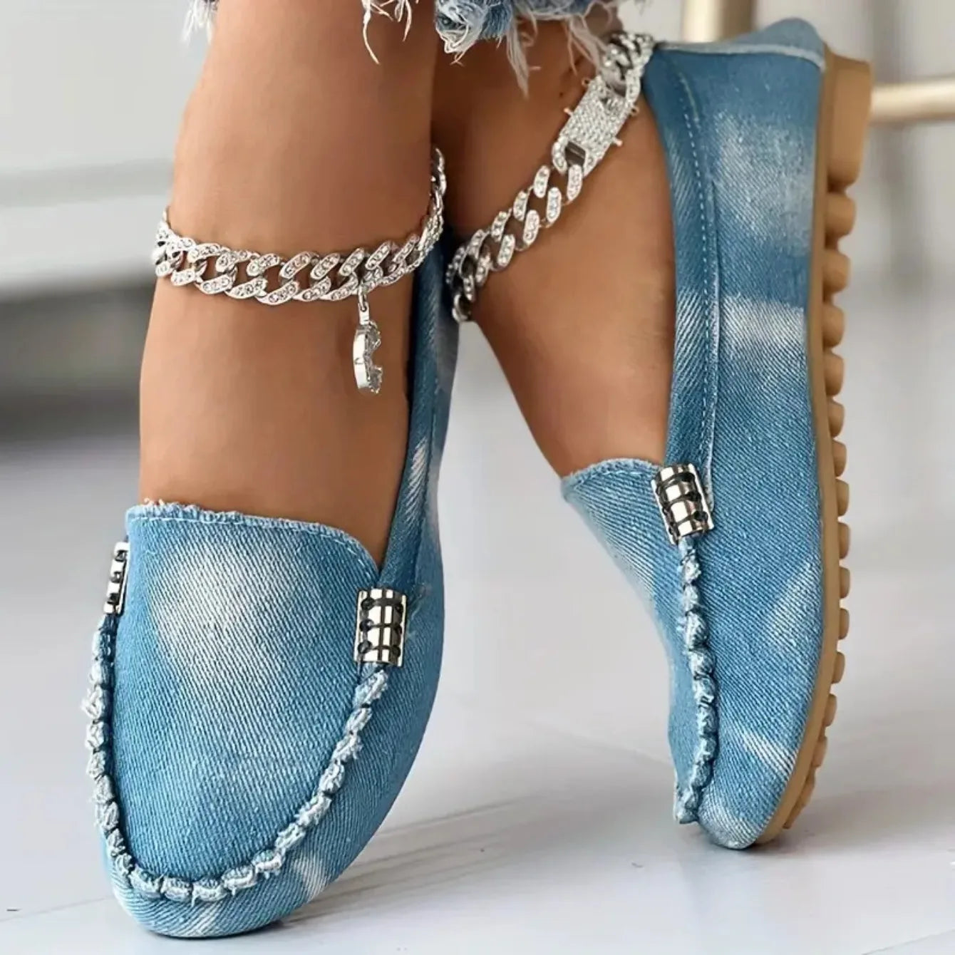 Women Denim Flats Round Toe Thick Bottom Walking Flat Shoes