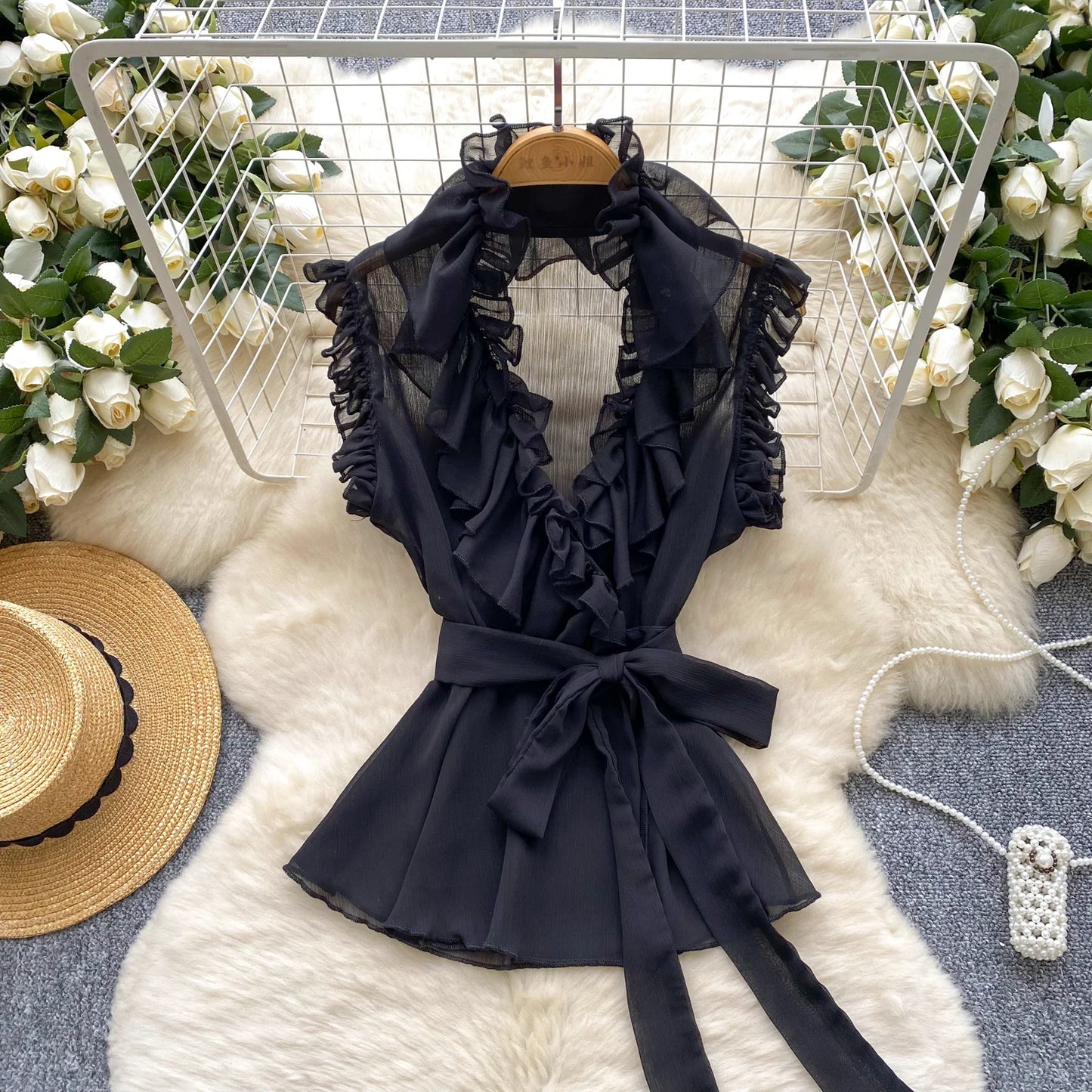 Sweet Ruffles Chiffon Blouses Women Sleeveless V Neck Retro Lace Up Blouse