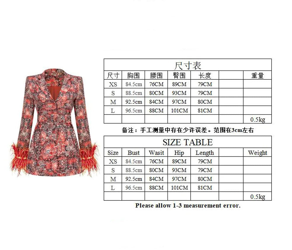 High-end Women's Blazer Dress Cuffs Adorned with Feather Print Dress