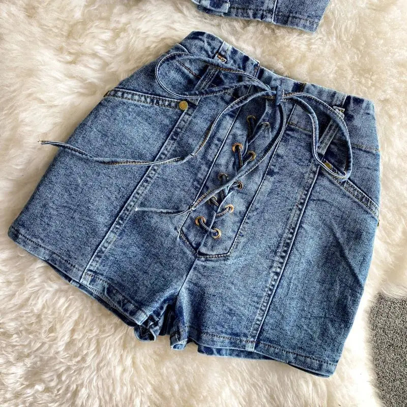 Denim Shorts Sets Shirts+Shorts Jeans 2 Pieces Sets Outfit