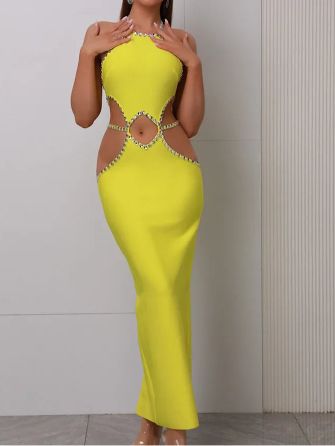 Sexy Backless Halter Beading Maxi Long Lemon Bandage Dress Cocktail Dress