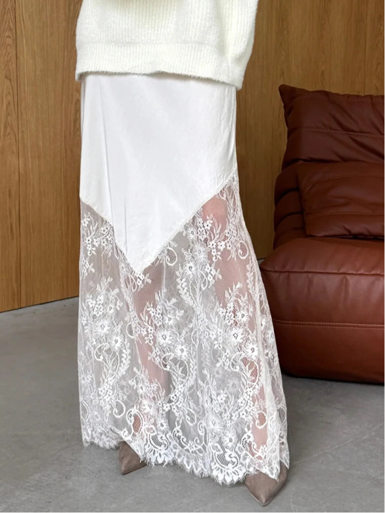 Loose Black Satin Lace Hem Skirt Casual High Waist Ankle Length Skirt