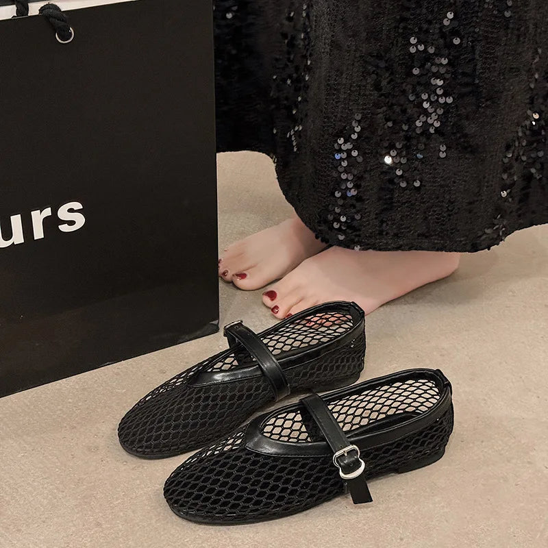 Breathable Mesh Black Ballet Shoes Daily Walking Street Sandals